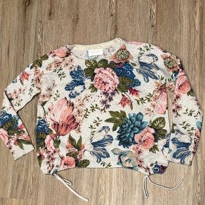 Anthropologie Cream Sweater with Pink Roses and Blue Blooms